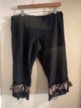 Black Crop Pants with Ruffled Floral Trim